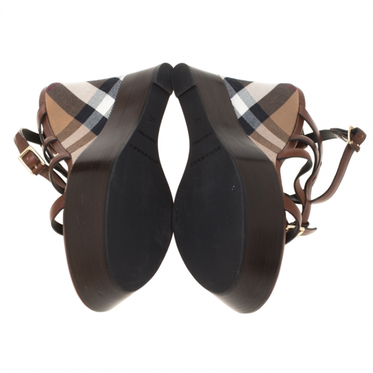 Pre Owned  Burberry Brown Leather Platform Ankle Strap Wedge Sandals Size 40