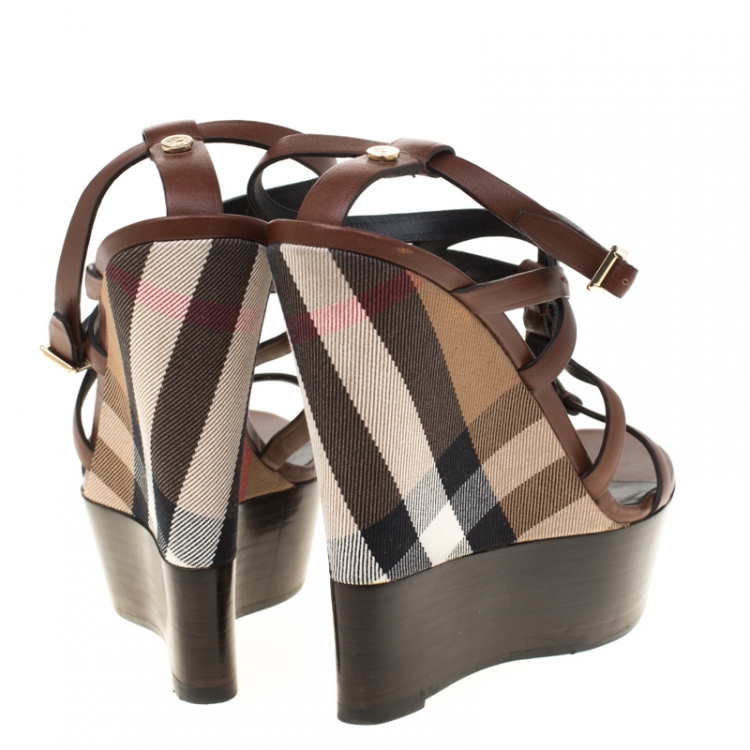 Pre Owned  Burberry Brown Leather Platform Ankle Strap Wedge Sandals Size 40
