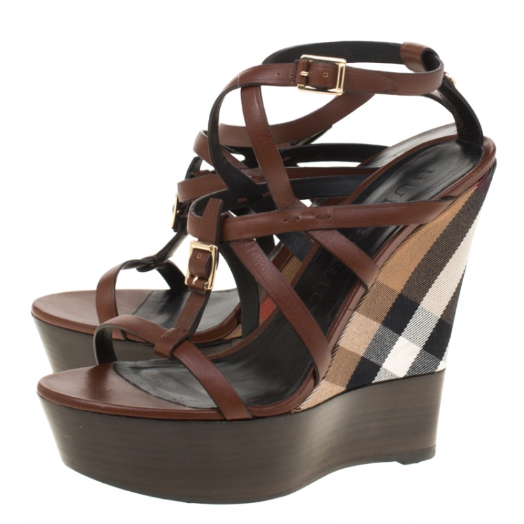 Pre Owned  Burberry Brown Leather Platform Ankle Strap Wedge Sandals Size 40