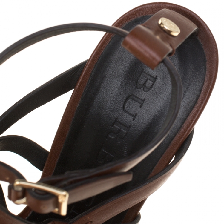 Pre Owned  Burberry Brown Leather Platform Ankle Strap Wedge Sandals Size 40