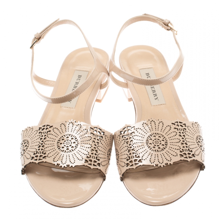 Pre Owned Burberry Beige Laser Cut Patent Leather Adenvale Ankle Strap sandals Size 38
