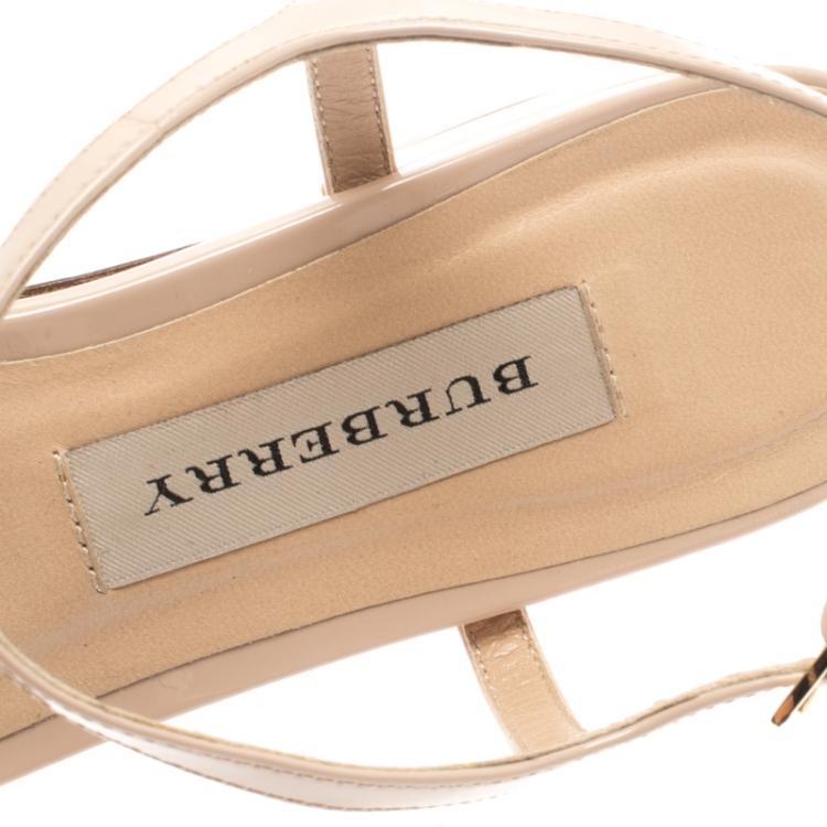 Pre Owned Burberry Beige Laser Cut Patent Leather Adenvale Ankle Strap sandals Size 38