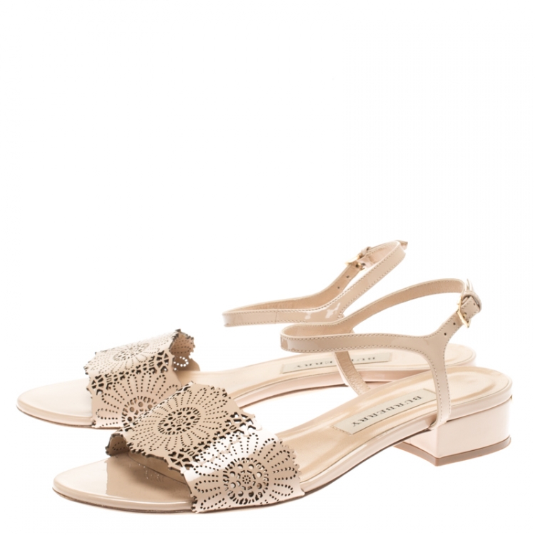 Pre Owned Burberry Beige Laser Cut Patent Leather Adenvale Ankle Strap sandals Size 38