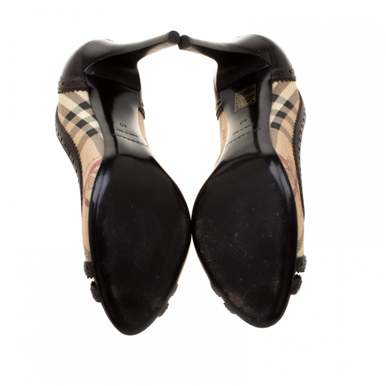 Pre Owned Burberry Beige Haymarket Check Canvas And Brown Brogue Leather Trim Peep Toe Pumps Size 40