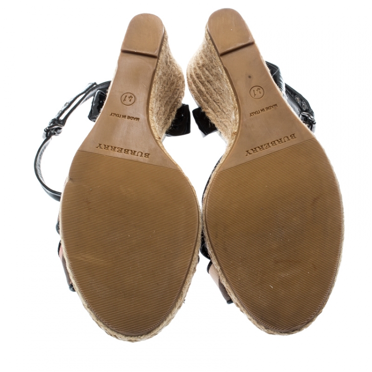 Pre Owned Burberry Black Patent Leather And Novacheck Canvas Espadrille Wedge Sandals Size 41