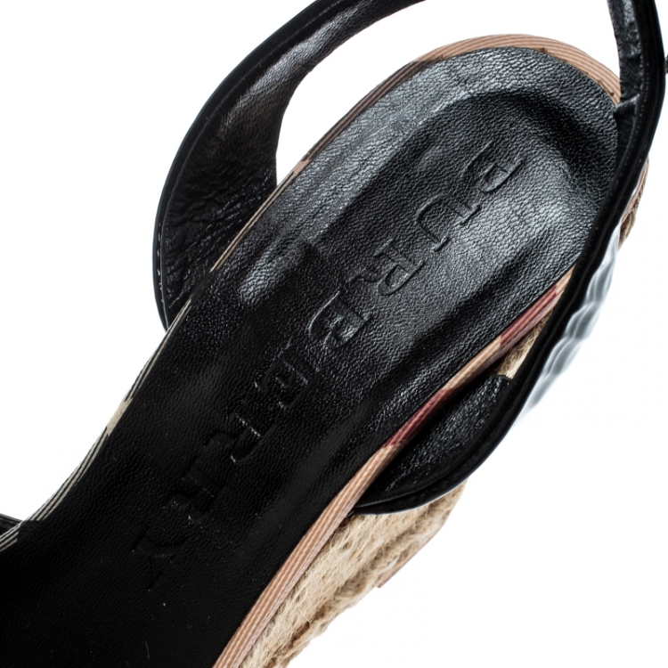 Pre Owned Burberry Black Patent Leather And Novacheck Canvas Espadrille Wedge Sandals Size 41