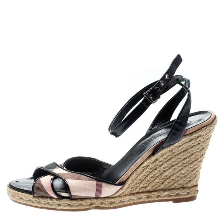Pre Owned Burberry Black Patent Leather And Novacheck Canvas Espadrille Wedge Sandals Size 41