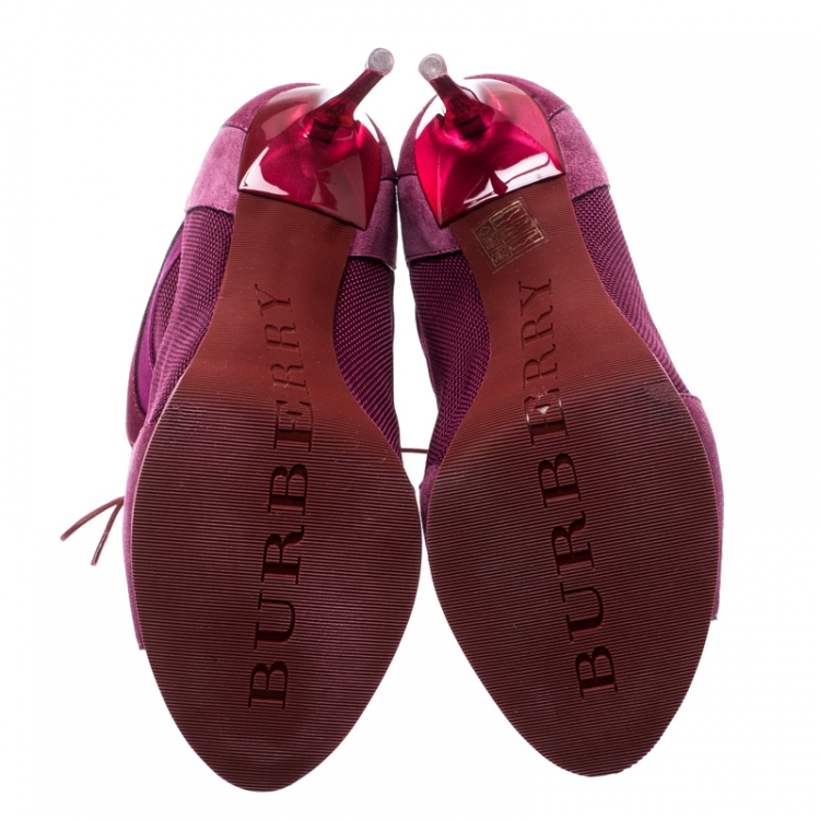 Pre Owned Burberry Pink Suede/Satin Lace Up Peep Toe Ankle Booties Size 39