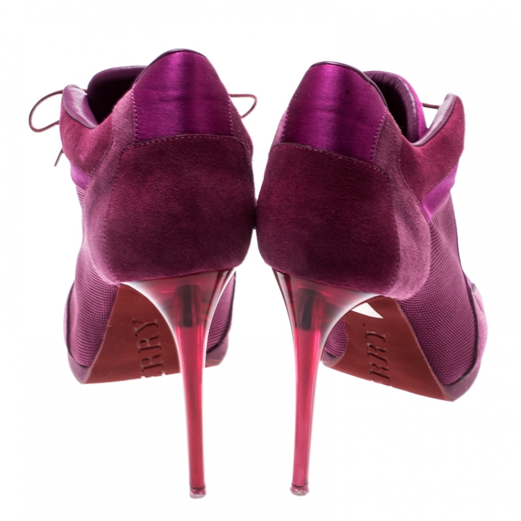 Pre Owned Burberry Pink Suede/Satin Lace Up Peep Toe Ankle Booties Size 39