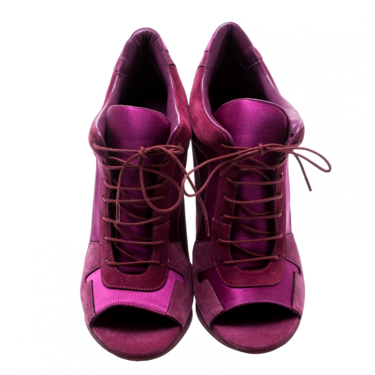 Pre Owned Burberry Pink Suede/Satin Lace Up Peep Toe Ankle Booties Size 39
