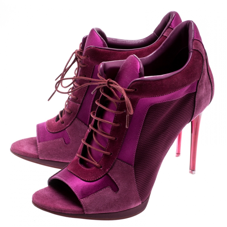 Pre Owned Burberry Pink Suede/Satin Lace Up Peep Toe Ankle Booties Size 39