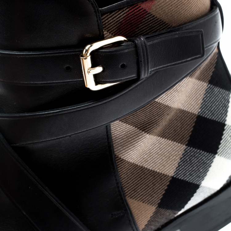 Pre Owned Burberry Beige Check Canvas And Black Strappy Leather House Ankle Boots Size 38