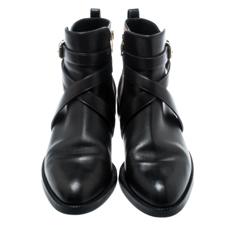 Pre Owned Burberry Beige Check Canvas And Black Strappy Leather House Ankle Boots Size 38