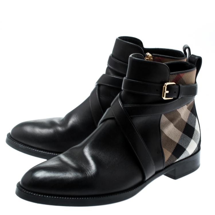 Pre Owned Burberry Beige Check Canvas And Black Strappy Leather House Ankle Boots Size 38