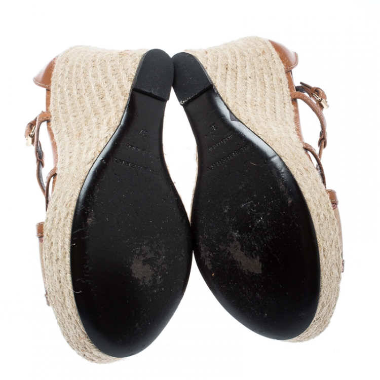 Pre Owned Burberry Brown Leather Novacheck Cross Strap Espadrille Wedge Sandals Size 37