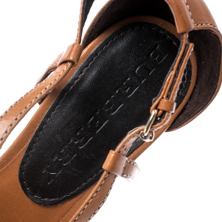 Pre Owned Burberry Brown Leather Novacheck Cross Strap Espadrille Wedge Sandals Size 37