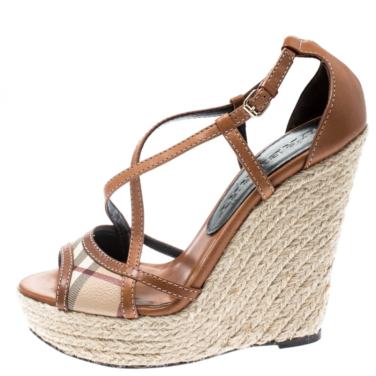 Pre Owned Burberry Brown Leather Novacheck Cross Strap Espadrille Wedge Sandals Size 37