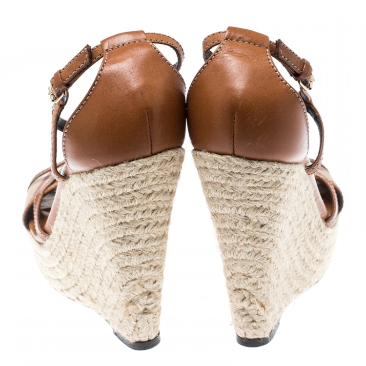 Pre Owned Burberry Brown Leather Novacheck Cross Strap Espadrille Wedge Sandals Size 37