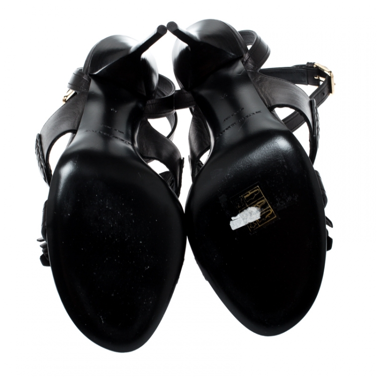 Pre Owned Burberry Black Leather Clarence Penny Keeper Tassel Strap Sandals Size 39