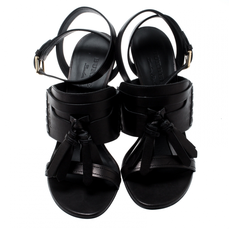 Pre Owned Burberry Black Leather Clarence Penny Keeper Tassel Strap Sandals Size 39