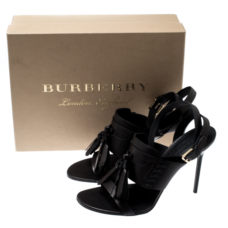 Pre Owned Burberry Black Leather Clarence Penny Keeper Tassel Strap Sandals Size 39
