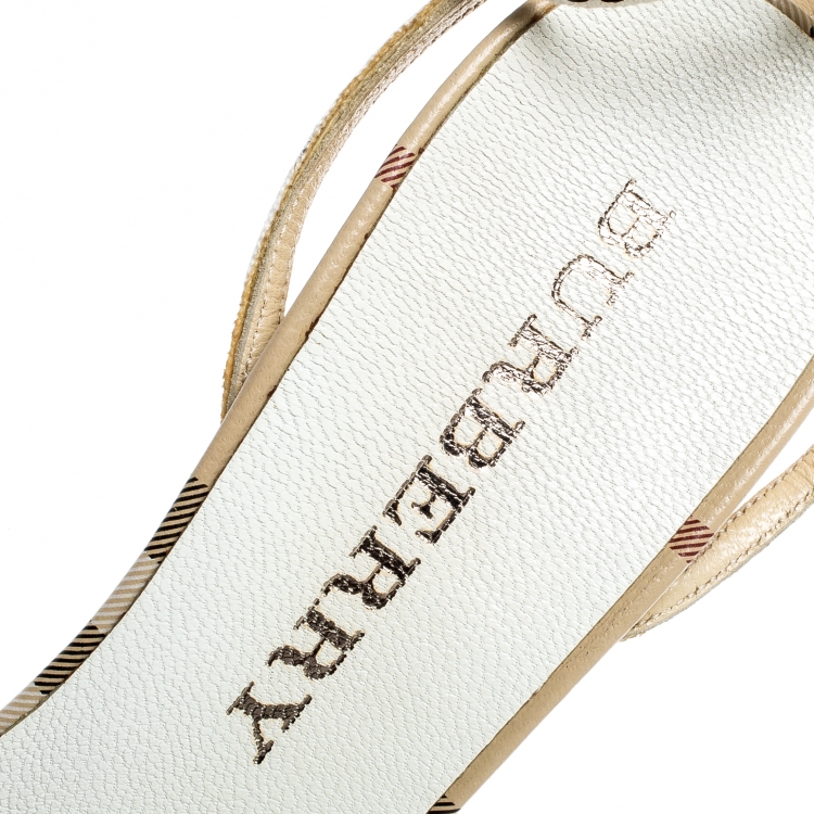 Pre Owned Burberry Cream/White Fabric And Leather Floral Motif Embellished Ankle Strap Open Toe Sandals Size 37
