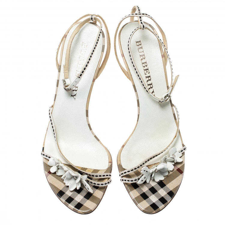 Pre Owned Burberry Cream/White Fabric And Leather Floral Motif Embellished Ankle Strap Open Toe Sandals Size 37