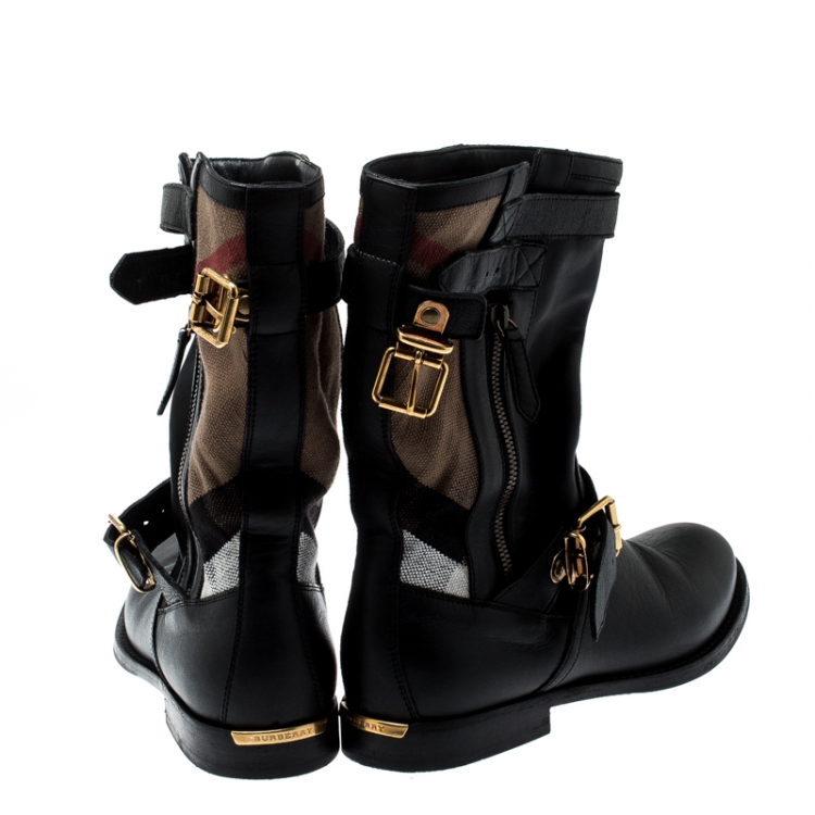 Pre Owned Burberry Black Leather And Super Nova Check Canvas Grantville Mid Calf Boots Size 37.5