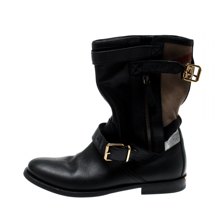 Pre Owned Burberry Black Leather And Super Nova Check Canvas Grantville Mid Calf Boots Size 37.5