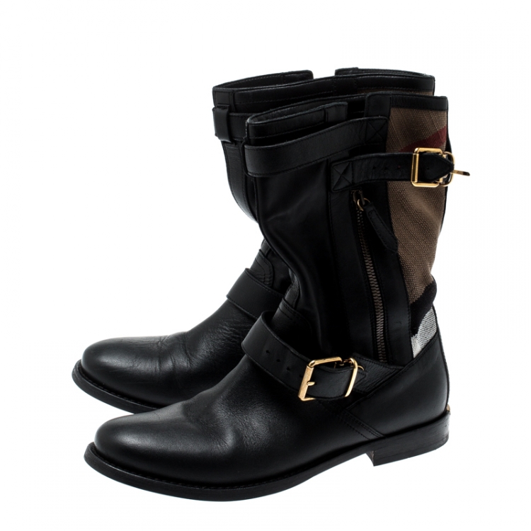 Pre Owned Burberry Black Leather And Super Nova Check Canvas Grantville Mid Calf Boots Size 37.5