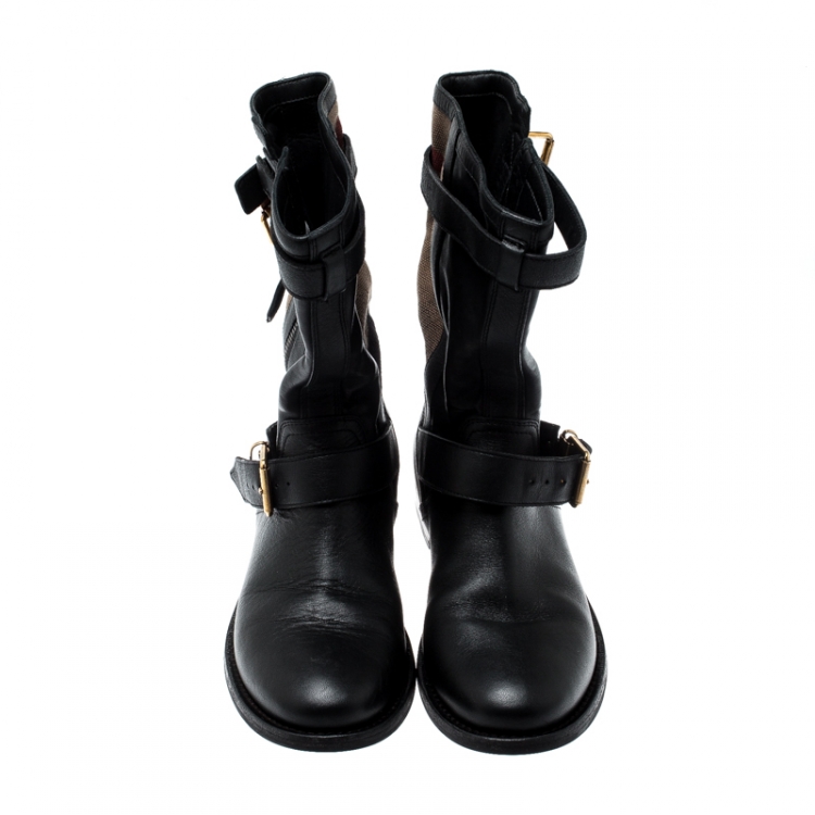 Pre Owned Burberry Black Leather And Super Nova Check Canvas Grantville Mid Calf Boots Size 37.5