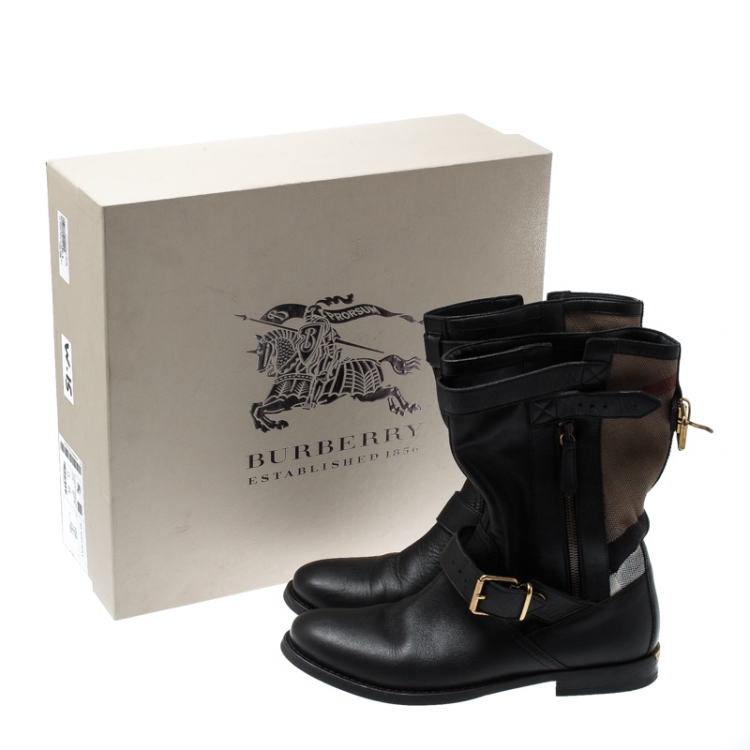 Pre Owned Burberry Black Leather And Super Nova Check Canvas Grantville Mid Calf Boots Size 37.5