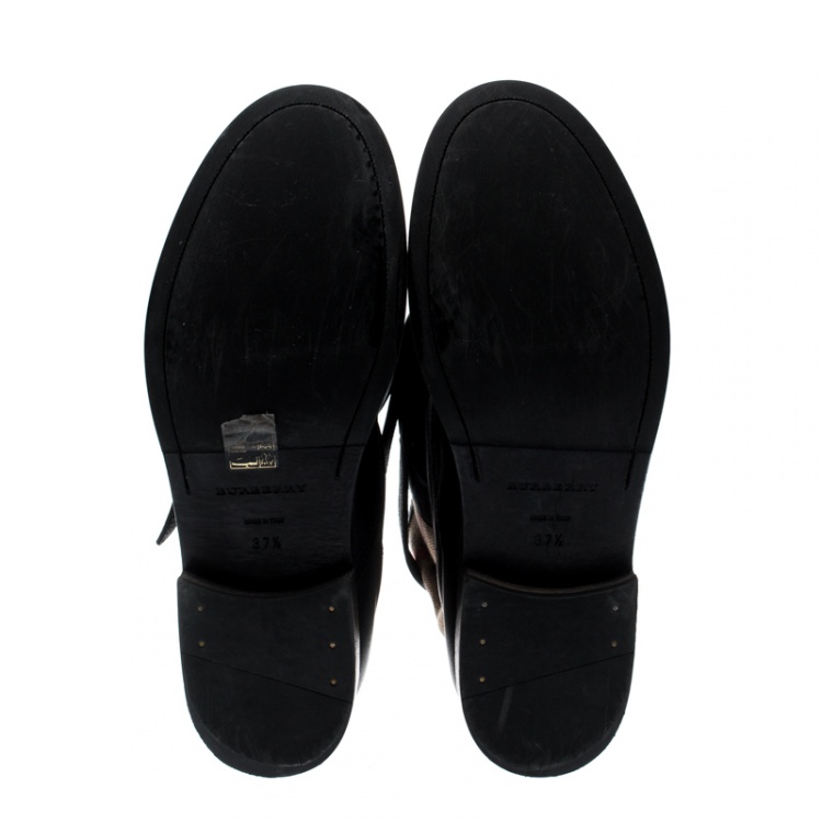 Pre Owned Burberry Black Leather And Super Nova Check Canvas Grantville Mid Calf Boots Size 37.5