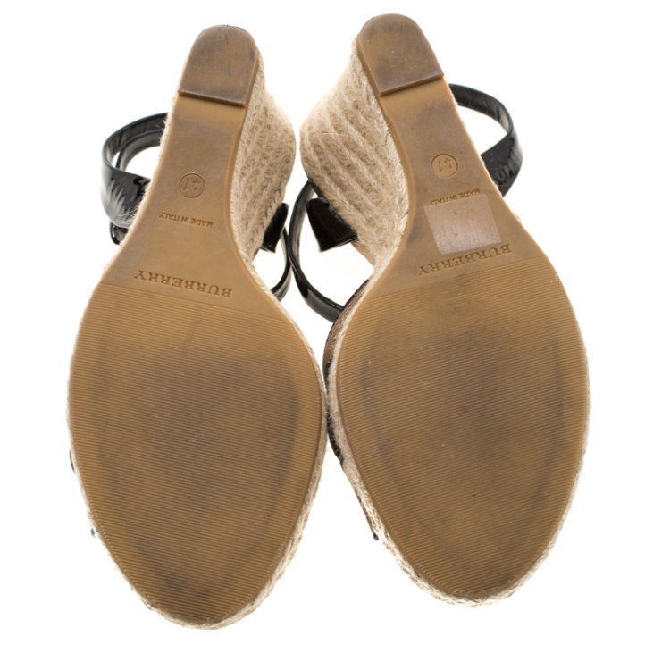 Pre Owned Burberry Black Patent Leather And Novacheck Canvas Espadrille Wedge Sandals Size 41