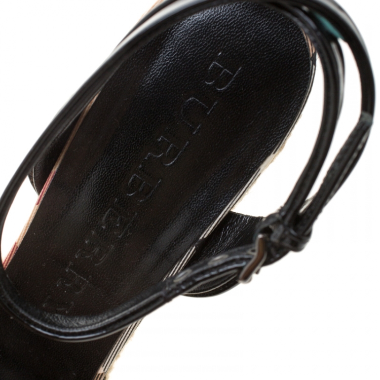 Pre Owned Burberry Black Patent Leather And Novacheck Canvas Espadrille Wedge Sandals Size 41