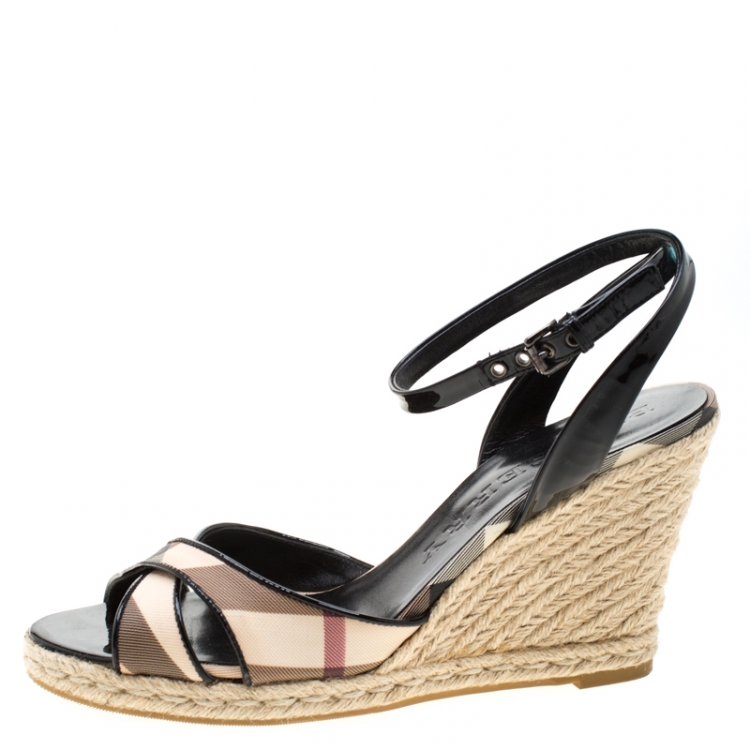 Pre Owned Burberry Black Patent Leather And Novacheck Canvas Espadrille Wedge Sandals Size 41