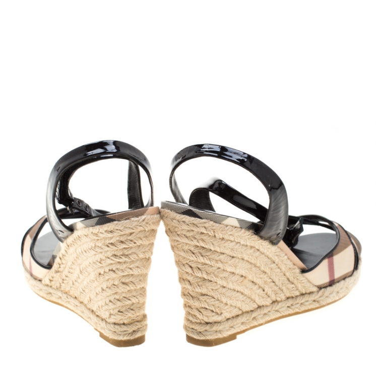 Pre Owned Burberry Black Patent Leather And Novacheck Canvas Espadrille Wedge Sandals Size 41