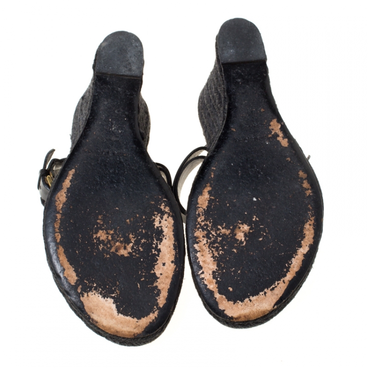 Pre Owned Burberry Black Leather And Novacheck Canvas Wedge Espadrille Sandals Size 37.5