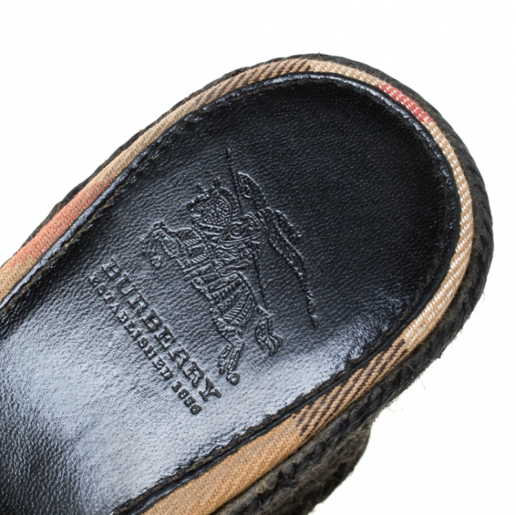 Pre Owned Burberry Black Leather And Novacheck Canvas Wedge Espadrille Sandals Size 37.5