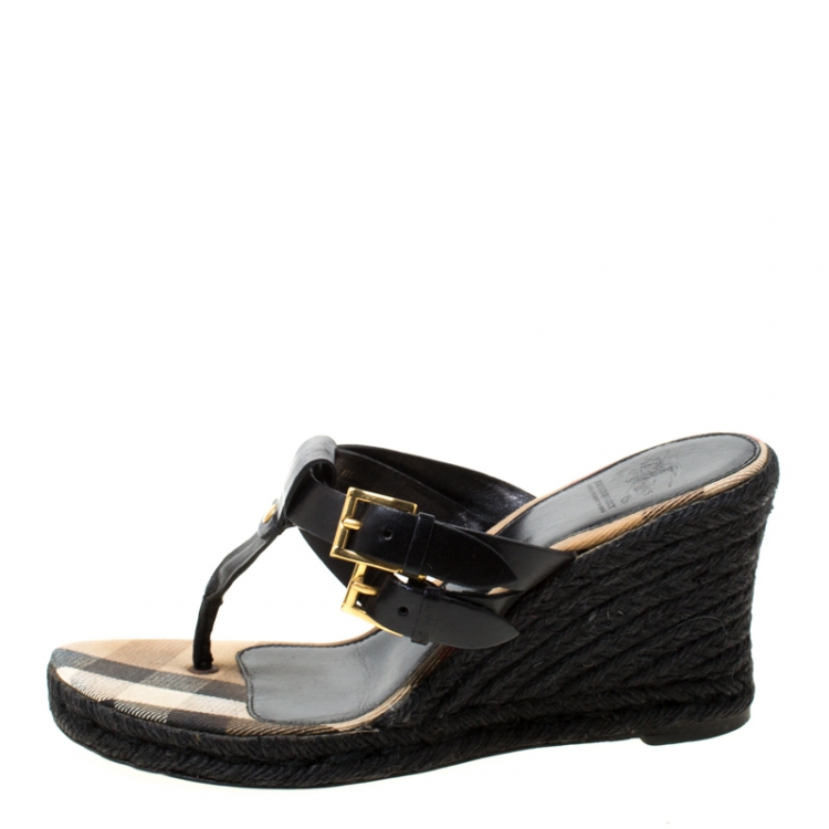 Pre Owned Burberry Black Leather And Novacheck Canvas Wedge Espadrille Sandals Size 37.5