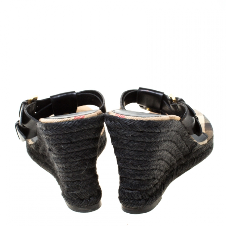 Pre Owned Burberry Black Leather And Novacheck Canvas Wedge Espadrille Sandals Size 37.5