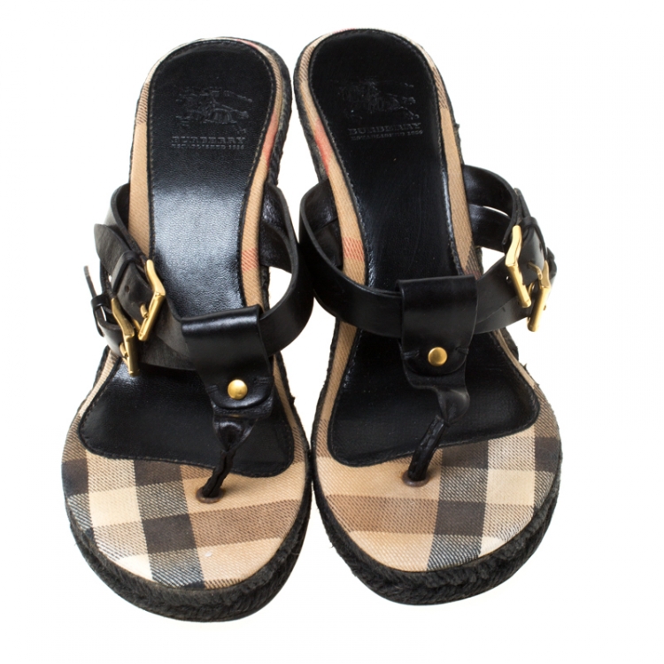 Pre Owned Burberry Black Leather And Novacheck Canvas Wedge Espadrille Sandals Size 37.5