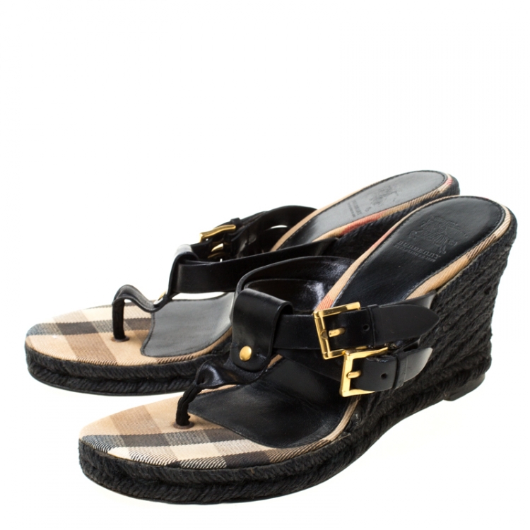 Pre Owned Burberry Black Leather And Novacheck Canvas Wedge Espadrille Sandals Size 37.5