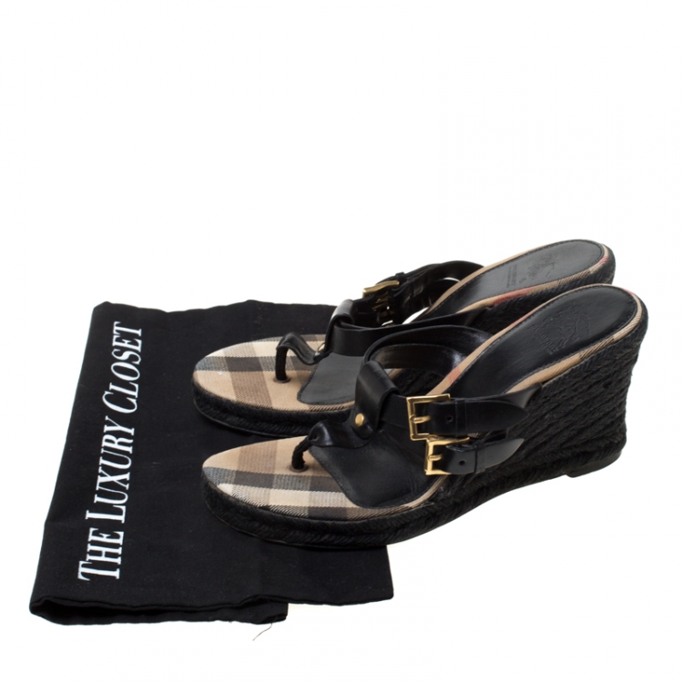 Pre Owned Burberry Black Leather And Novacheck Canvas Wedge Espadrille Sandals Size 37.5