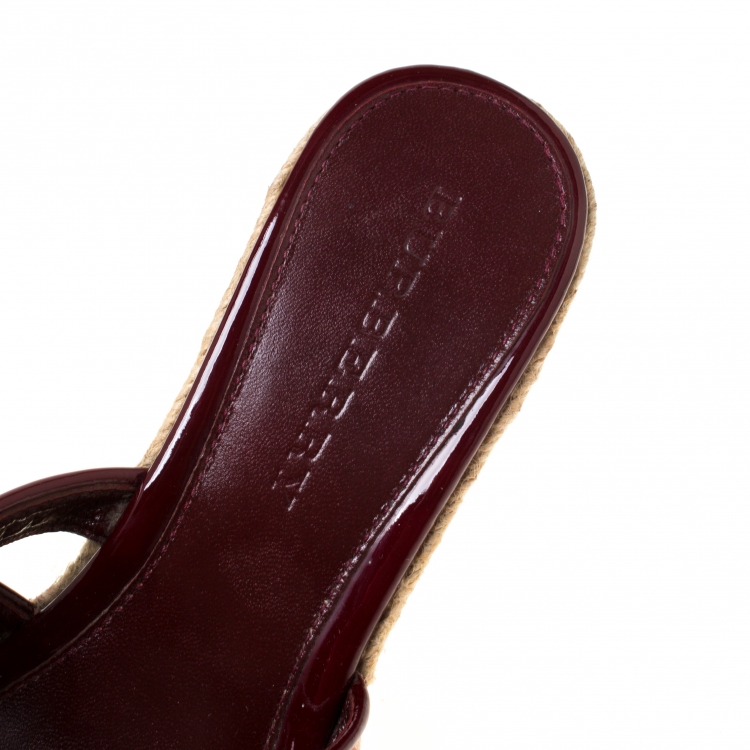 Pre Owned Burberry Burgundy Patent Leather And Nova Check Canvas Espadrille Wedge Sandals Size 40