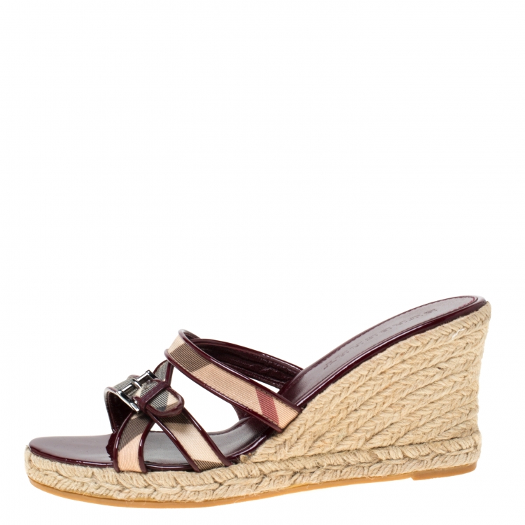 Pre Owned Burberry Burgundy Patent Leather And Nova Check Canvas Espadrille Wedge Sandals Size 40