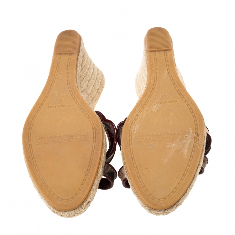 Pre Owned Burberry Burgundy Patent Leather And Nova Check Canvas Espadrille Wedge Sandals Size 40
