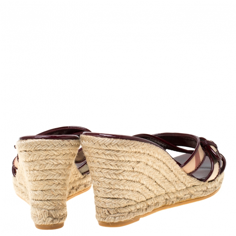 Pre Owned Burberry Burgundy Patent Leather And Nova Check Canvas Espadrille Wedge Sandals Size 40
