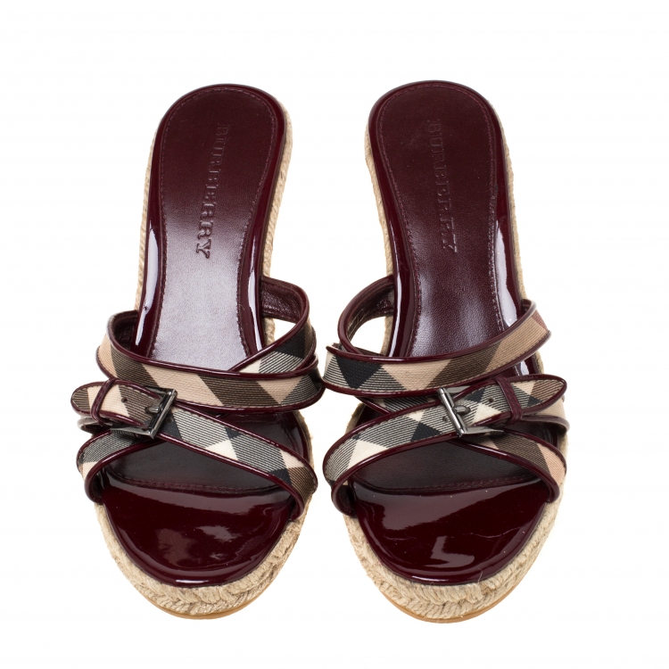Pre Owned Burberry Burgundy Patent Leather And Nova Check Canvas Espadrille Wedge Sandals Size 40