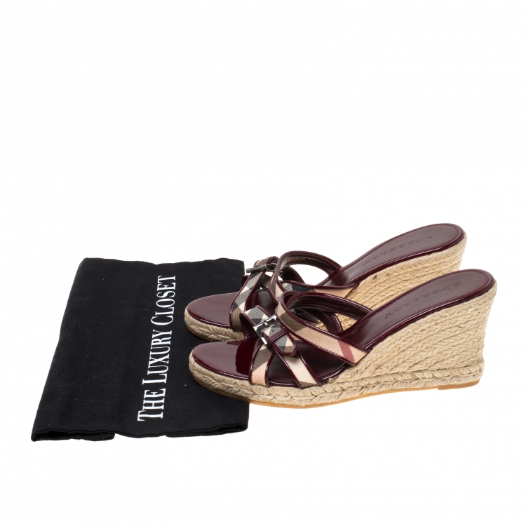 Pre Owned Burberry Burgundy Patent Leather And Nova Check Canvas Espadrille Wedge Sandals Size 40